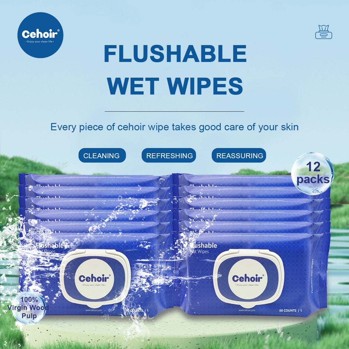 Flushable Wet Wipes 100%Virgin Wood Pulp(12 packs)